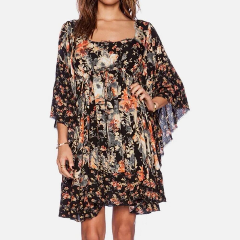 Free People Black Orange Gauzy Heart of Gold Mini Dress In Moonlight Size XS